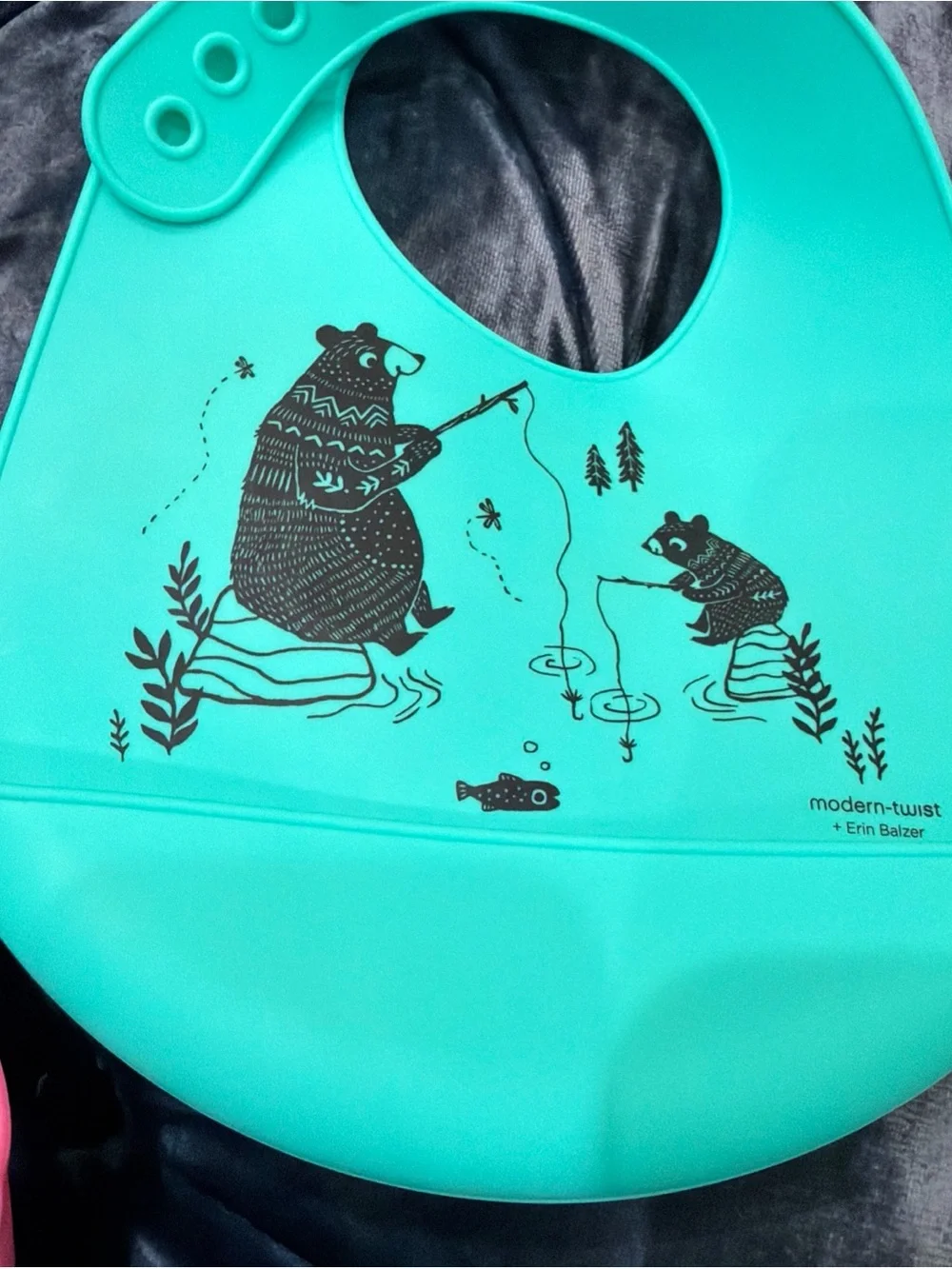 Green Silicone Baby Bib with Bear Fishing Print
